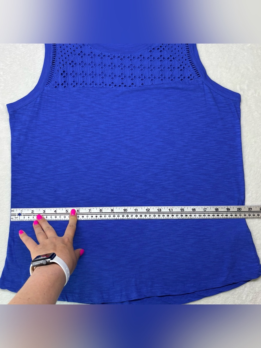 Denver Hayes Bright Blue Eyelet Lace Slub Knit Sleeveless Top Size Large NWT - Picture 8 of 10